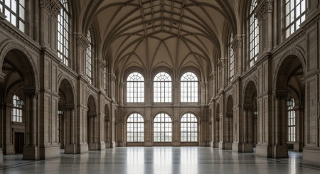 A grand and spacious hall with a series of arches, large windows, and intricate stone columns.