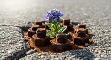 A flower growing amidst bolts on a road, showcasing nature's resilience in urban environments.