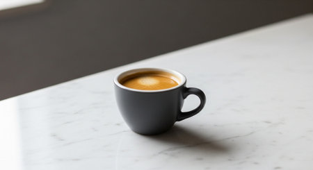 A solitary cup of coffee on a marble table, capturing the essence of simplicity and elegance in a minimalist setting.