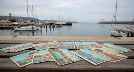 Vintage postcards spread out on a wooden table against a scenic waterfront view