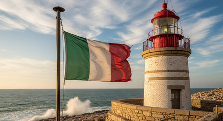 An image featuring an Italian flag waving near a lighthouse along the coast at sunset. The scene captures the vibrant colors of the flag against the backdrop of the ocean waves and the silhouette of the lighthouse, symbolizing a popular tourist destination and maritime navigation.