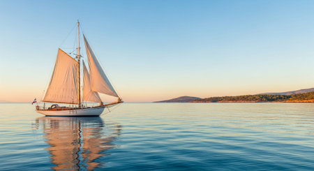 A sailboat gracefully sails on a serene ocean during a picturesque sunset.