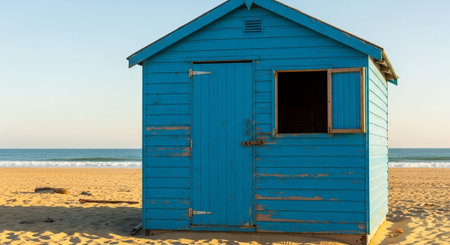 A blue beach shack with a door and window on the sand by the ocean.