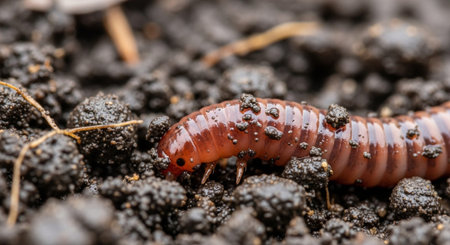 Close-up view of an earthworm on the soil surface
