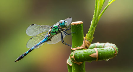 A close-up of a dragonfly perched on a bamboo plant.