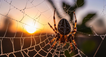 A spider on a dew-covered web at sunrise, showcasing the intricate details of nature's early morning ecosystem.