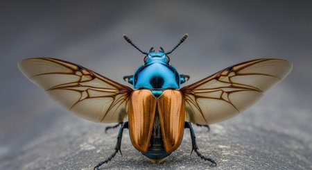 A close-up photograph of a vibrant, colorful beetle with intricate wing patterns.