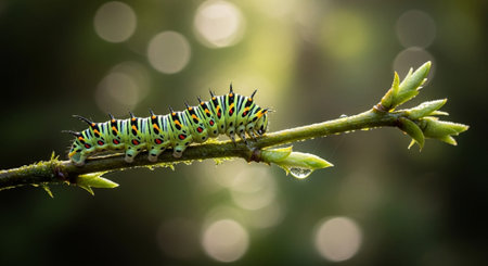 A caterpillar on a branch in a natural setting, showcasing its vibrant colors and patterns.