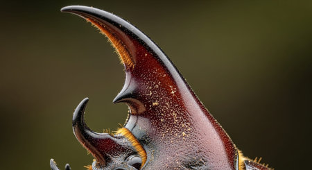 Close-up view of the horn of a rhinoceros beetle, showcasing intricate details and textures.