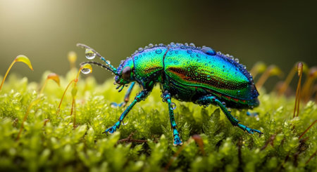 A close-up view of a green beetle with water droplets on it, resting on moss.