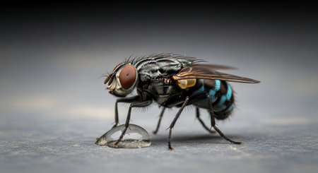 Close-up view of a fly's head and body, showcasing its intricate details and compound eyes.