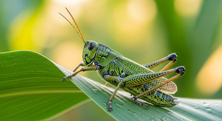 A close-up view of a green grasshopper sitting on a leaf.