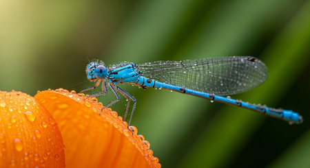 Close-up of a vibrant blue dragonfly resting on a flower with water droplets.