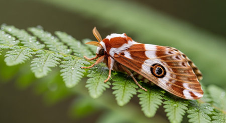 A close-up view of a butterfly resting on a fern leaf.