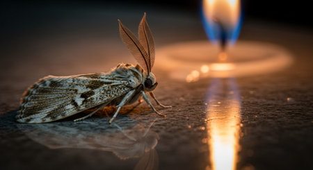 A close-up image of a moth with intricate details, captured in a moment of curiosity as it investigates a flame. The moth's wings and body are textured, with light and shadow creating depth. The flame, with its blue and yellow hues, serves as a captivating focal point, drawing the moth's attention. The scene is a fascinating study in nature's responses to light and the delicate balance of attraction and danger.