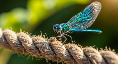 A close-up of a dragonfly resting on a rope, showcasing its intricate details and vibrant colors.