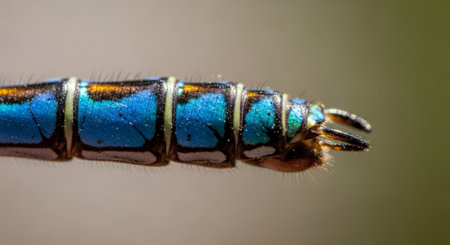 The image showcases a close-up view of a blue insect's abdomen, highlighting intricate patterns and textures.