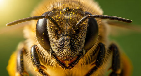 Close-up view of a bee's face, showcasing intricate details and vibrant colors.