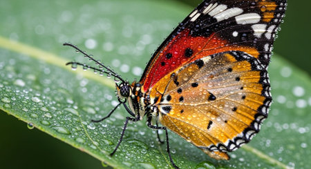 Close-up of a vibrant butterfly with multicolored wings resting on a wet leaf.