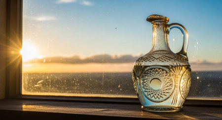 A serene scene featuring a glass pitcher silhouetted against a sunset ocean view from a window.