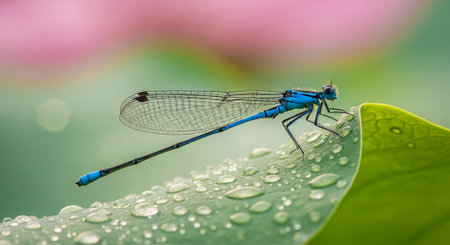 Background of a blue dragonfly sitting on a leaf with water drops.