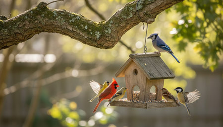 Several birds, including a blue jay, a cardinal, and finches, are gathered around a bird feeder hanging from a tree branch.