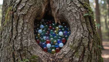Colorful marbles in a tree hole.