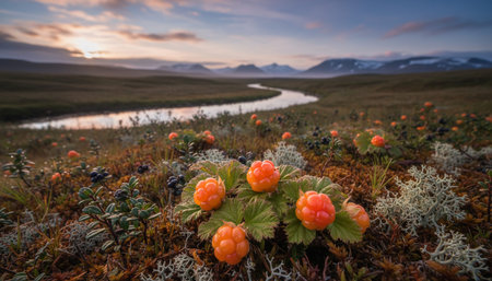 A serene landscape at sunset featuring a river flowing through a field of flowers and berries.