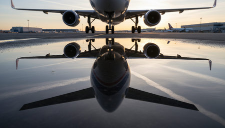 Airplane reflection on the tarmac at sunset