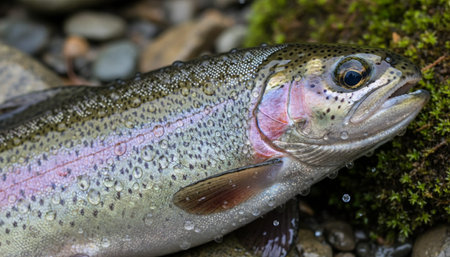 Close-up of a rainbow trout with water droplets, resting on mossy rocks by the river.