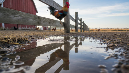 A rooster stands on a fence overlooking a puddle in a farmyard.