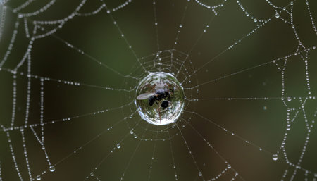 Close up of an insect trapped inside a water bubble on a spider web