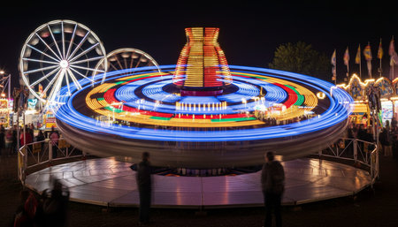 A vibrant and colorful fair ride at night, with people gathered around, creating a lively and exciting atmosphere.