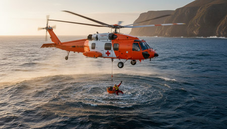 Helicopter rescue operation in the ocean at sunset