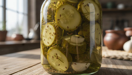 A glass jar filled with homemade dill pickles, showcasing the process of pickling cucumbers with dill and spices for a tangy and crunchy snack.
