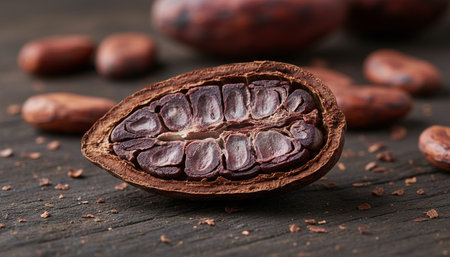 Cacao beans, the raw ingredient for chocolate, are shown in their natural state, highlighting their agricultural origin and the journey from pod to product.