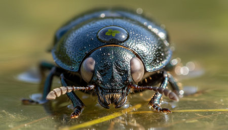 A close-up view of a black insect, possibly a beetle, sitting on a water surface with reflections.