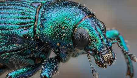 Closeup view of a beautiful and intricate beetle with iridescent colors and detailed features.
