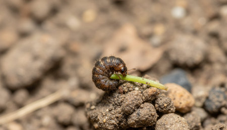 Close-up of a caterpillar on the ground, illustrating the natural habitat and the role of insects in the ecosystem.