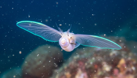Underwater photography showcasing a snail with wings gliding near a coral reef.