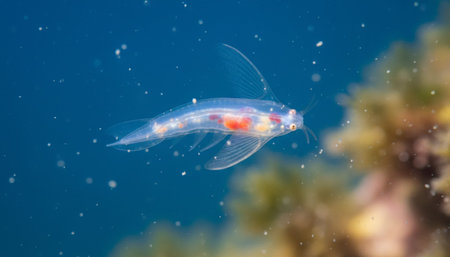 A small fish with red spots swims in clear blue water near a coral reef.
