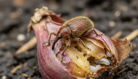 A close-up of a beetle and its larvae on an onion, highlighting the intricate details of their interaction with the plant and the natural ecosystem.