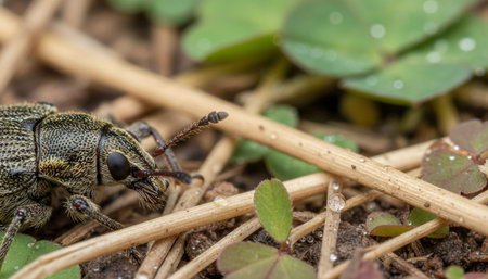 Close-up of a beetle on the ground with dew-covered leaves and grass.