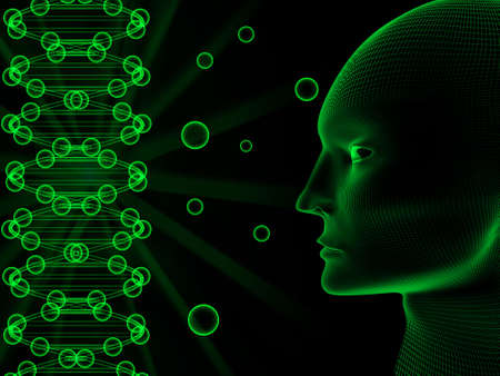 Double helix of DNA and abstract human head.の写真素材