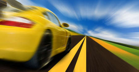 High-speed motion-blurred auto on rural highway