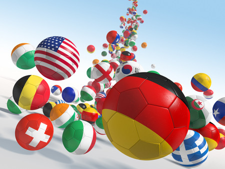 Falling soccer balls with flags of national teamsの写真素材