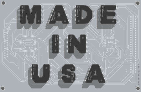 Electronic circuit board with text Made in USA. 3d illustration.