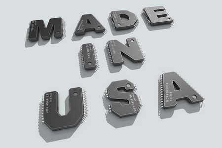 Electronic circuit board with text "Made in USA". 3d illustration.の写真素材