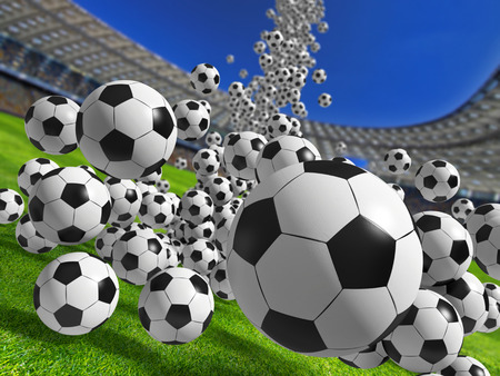 Lot of soccer balls falling on the stadiumの写真素材