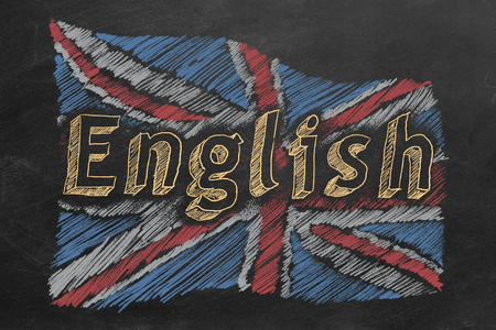 Hand drawing british flag with text ENGLISH on blackboard.の写真素材
